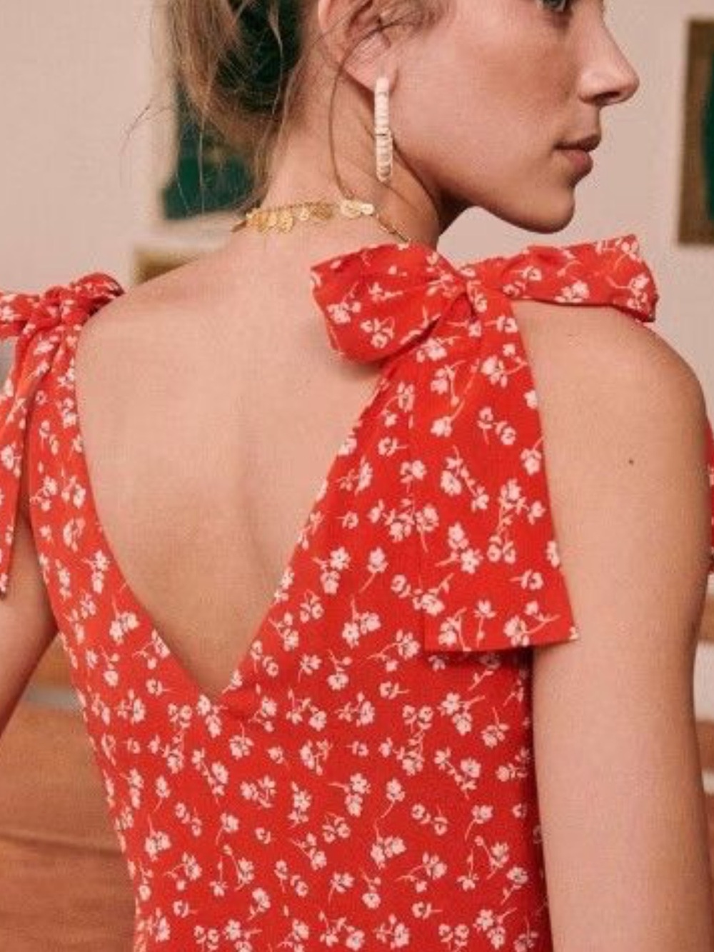 NWT -Sezane Red Floral Tie-Shoulder V-Neck Camisole- 100% Silk